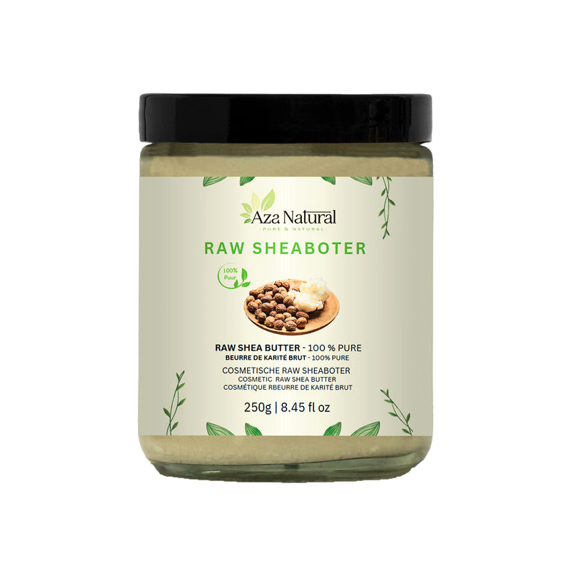Raw Sheabutter 250 g von Aza Natural, Glastiegel mit schwarzem Deckel und Etikett mit Sheanüssen und Butter