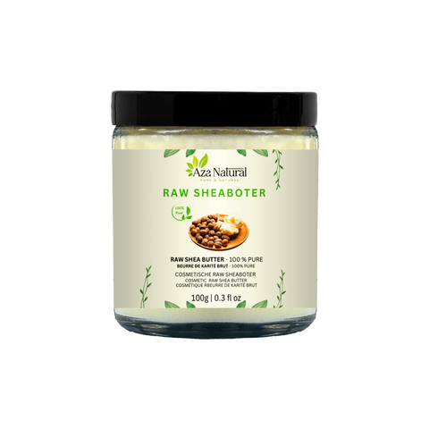 Tiegel Raw Sheabutter von Aza Natural, 100 g, Glastiegel mit schwarzem Deckel und Etikett mit Sheanüssen und Butter