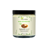 Pot raw sheaboter van Aza Natural, 100 gram, glazen pot met zwarte deksel en etiket met sheanoten en boter