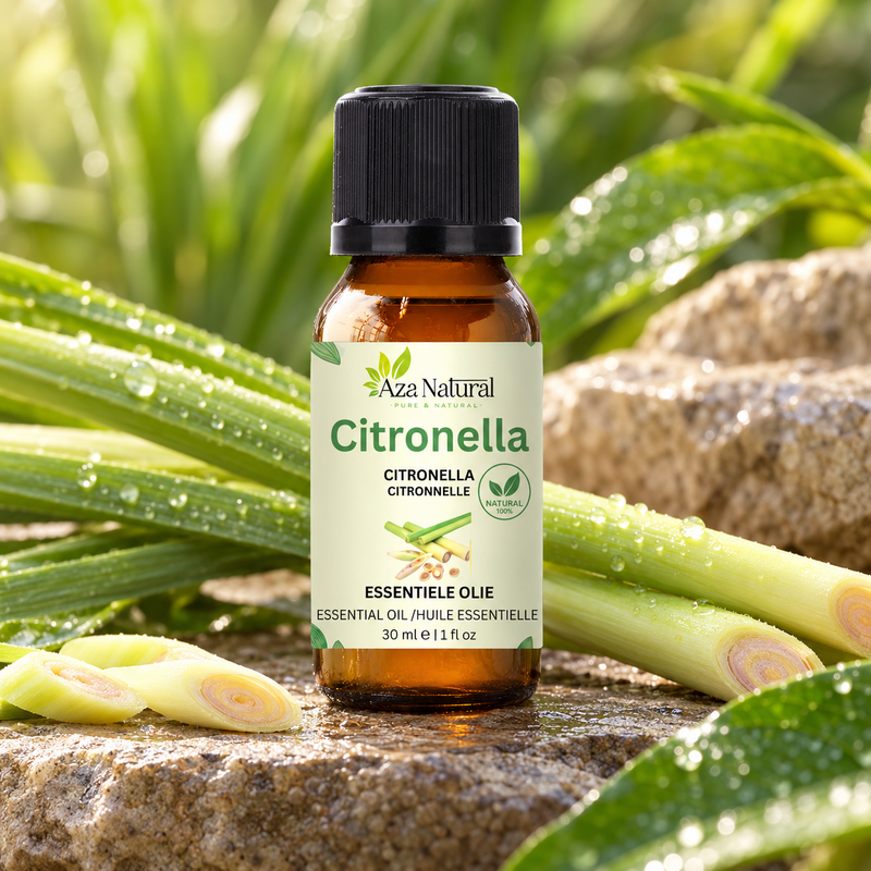 Sfeerfoto: flesje Citronella etherische olie van Aza Natural op natuursteen