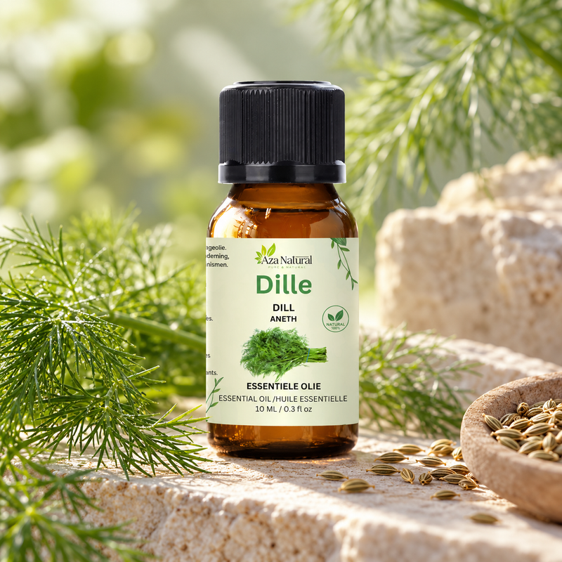 Sfeerfoto: flesje Dille etherische olie van Aza Natural op natuursteen
