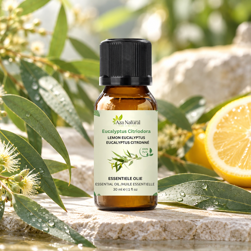 Sfeerfoto: flesje Eucalyptus etherische olie van Aza Natural op natuursteen