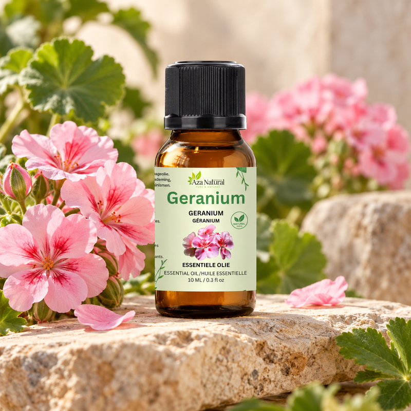 Sfeerfoto: flesje Geranium etherische olie van Aza Natural op natuursteen