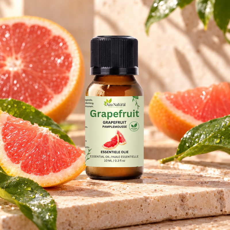 Sfeerfoto: flesje Grapefruit etherische olie van Aza Natural op natuursteen