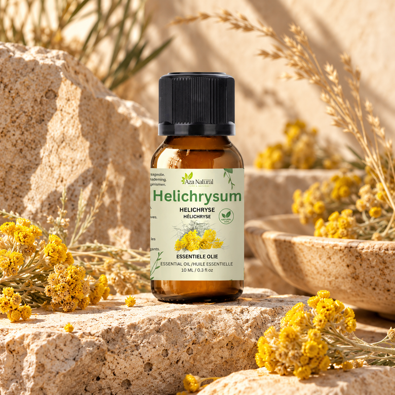 Sfeerfoto: flesje Helichrysum etherische olie van Aza Natural op natuursteen