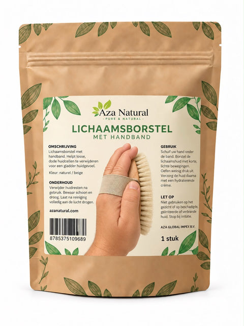Lichaamsborstel met handband in de verpakking van Aza Natural