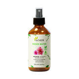 Flesje rozenwater van Aza Natural, 250 ml, bruin glas met sprayknop en een etiket met getekende roze rozen
