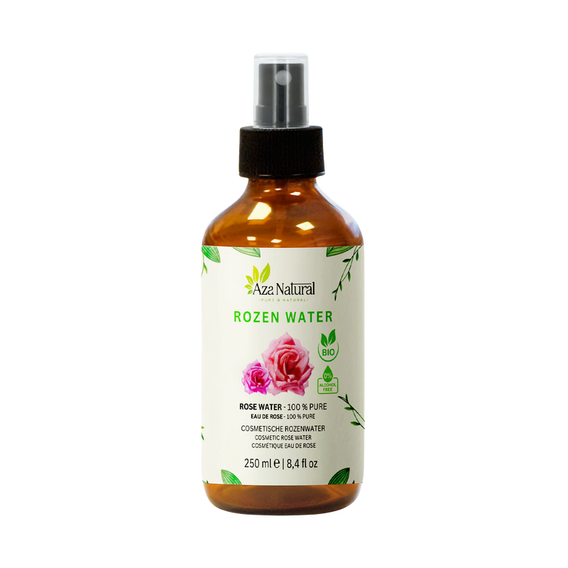 Fläschchen Rosenwasser von Aza Natural, 250 ml, braunes Glas mit Sprühkopf und ein Etikett mit gezeichneten rosa Rosen