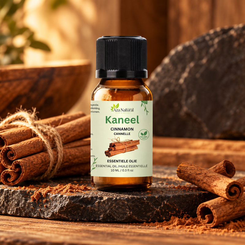 Sfeerfoto: flesje Kaneel etherische olie van Aza Natural op natuursteen