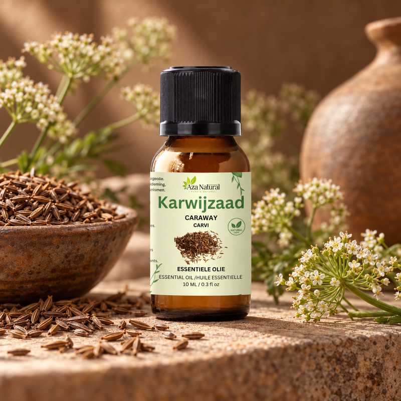 Sfeerfoto: flesje Karwijzaad etherische olie van Aza Natural op natuursteen