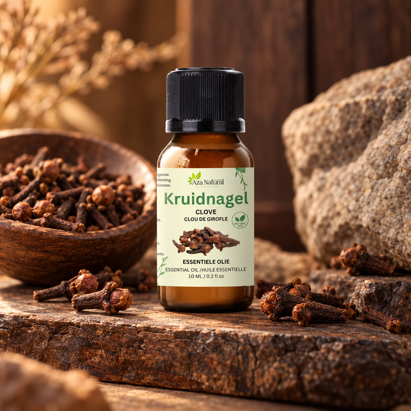 Sfeerfoto: flesje Kruidnagel etherische olie van Aza Natural op natuursteen