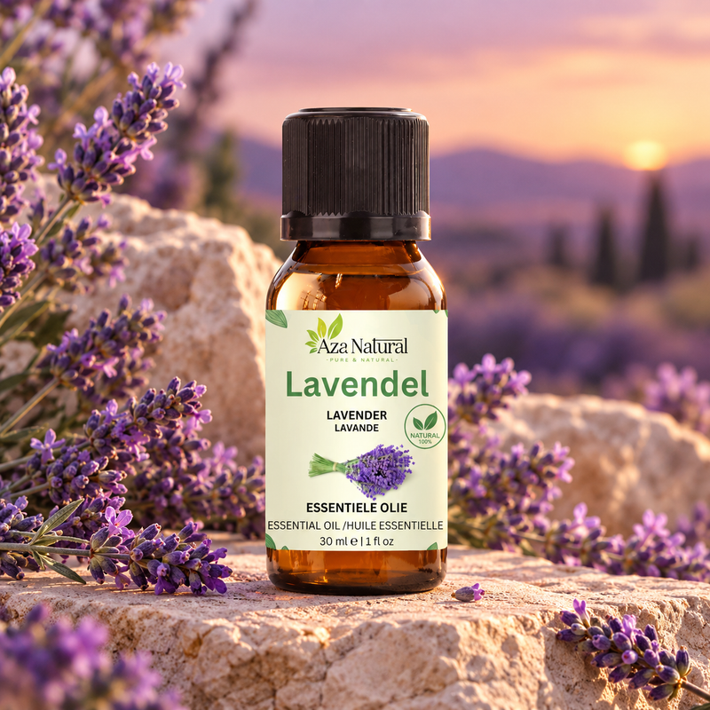 Sfeerfoto: flesje Lavendel etherische olie van Aza Natural op natuursteen