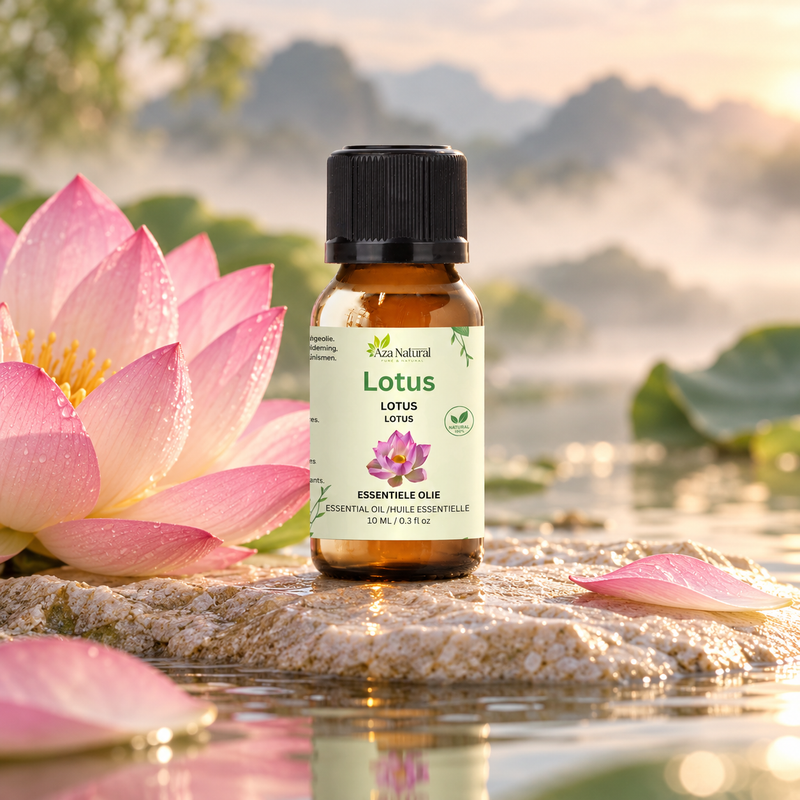 Sfeerfoto: flesje Lotus etherische olie van Aza Natural op natuursteen