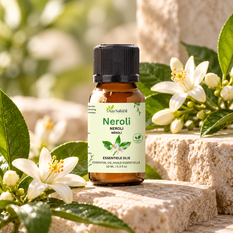 Sfeerfoto: flesje Neroli etherische olie van Aza Natural op natuursteen