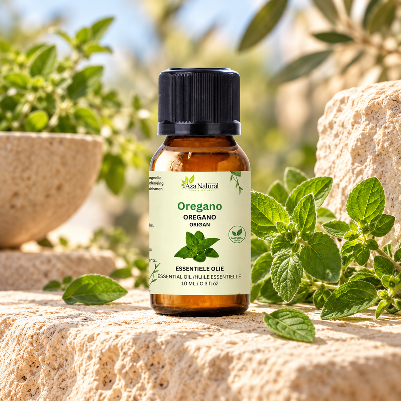 Sfeerfoto: flesje Oregano etherische olie van Aza Natural op natuursteen