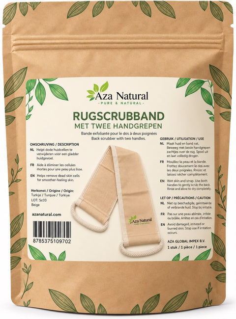 Rugscrubband met twee handgrepen in de verpakking van Aza Natural
