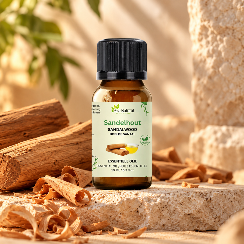Sfeerfoto: flesje Sandelhout etherische olie van Aza Natural op natuursteen