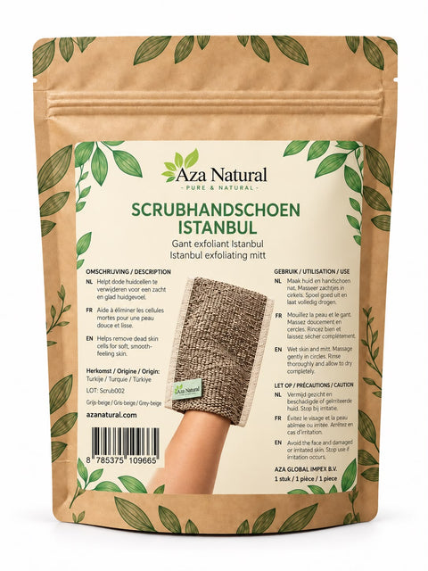 Scrubhandschoen Istanbul grijs-beige in de verpakking van Aza Natural