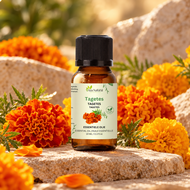 Sfeerfoto: flesje Tagetes etherische olie van Aza Natural op natuursteen