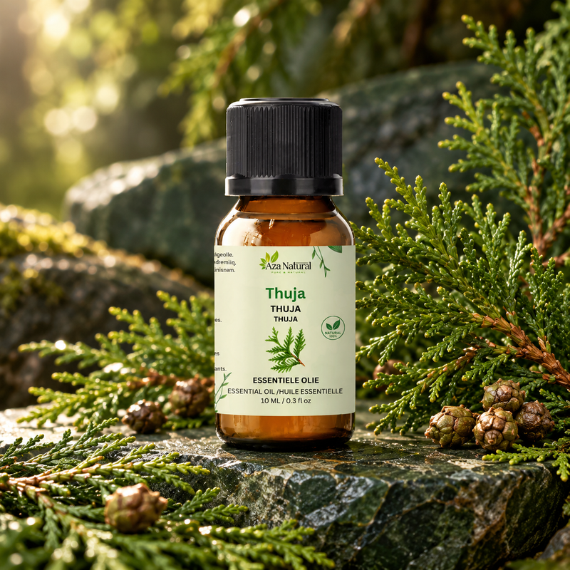 Sfeerfoto: flesje Thuja etherische olie van Aza Natural op natuursteen