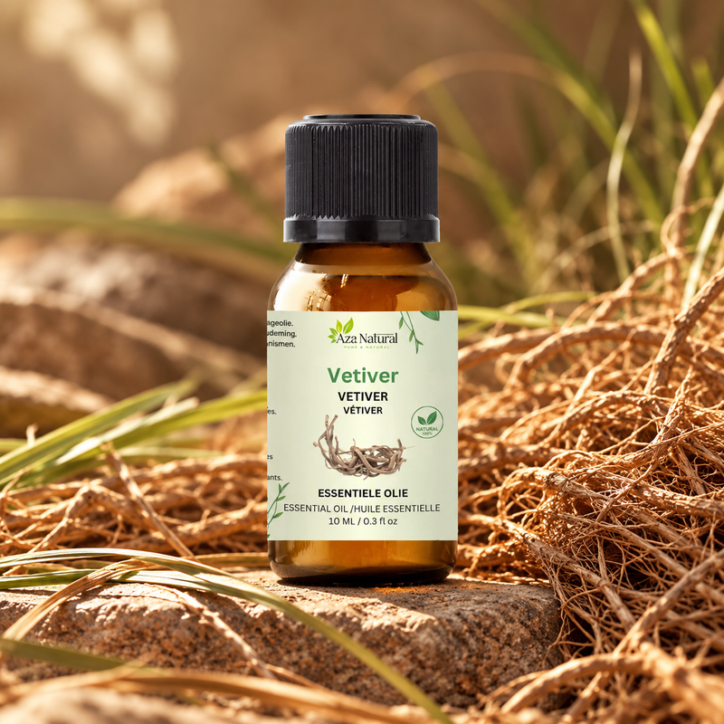 Sfeerfoto: flesje Vetiver etherische olie van Aza Natural op natuursteen