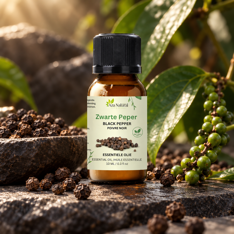Sfeerfoto: flesje Zwarte peper etherische olie van Aza Natural op natuursteen