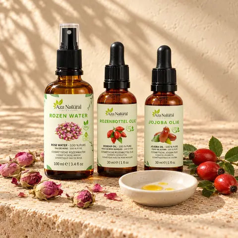 Rozenwater, Rozenbottel olie en Jojoba olie van Aza Natural met rozenknopjes en rozenbottels op travertijn