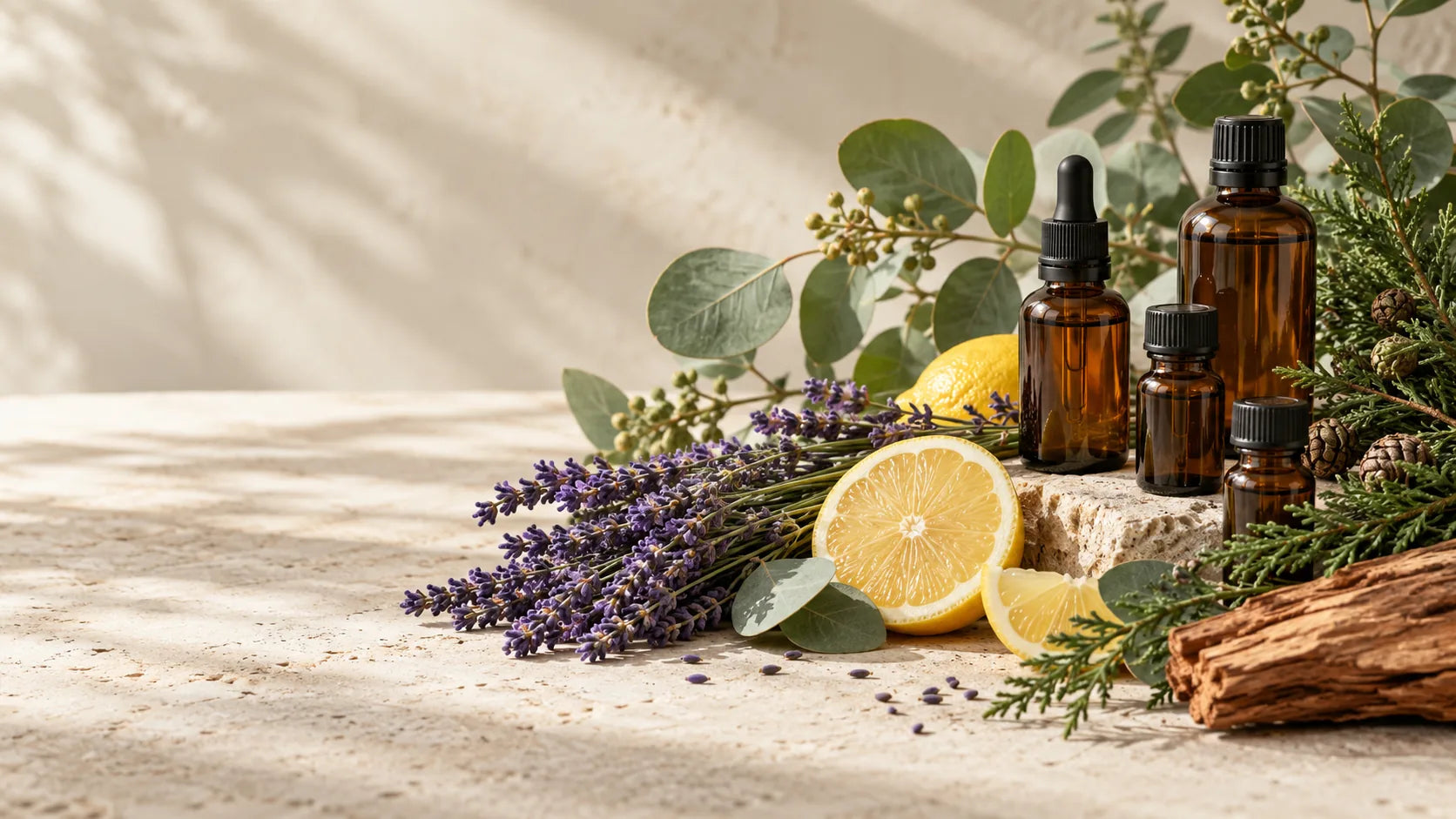 Lavendel, citroen en botanische takken naast amberkleurige olieflessen