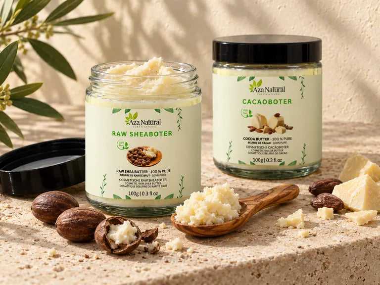 Open pot Raw Sheaboter en een pot Cacaoboter van Aza Natural met sheanoten en een houten lepel met boter