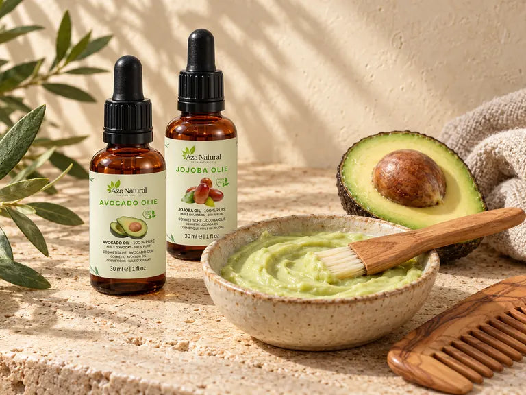 Flesjes Avocado olie en Jojoba olie van Aza Natural met een kom avocadomasker, een kwast, een halve avocado en een houten kam