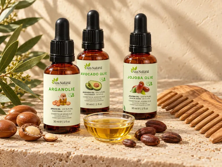Flesjes Arganolie, Avocado olie en Jojoba olie van Aza Natural met een schaaltje olie en een houten kam