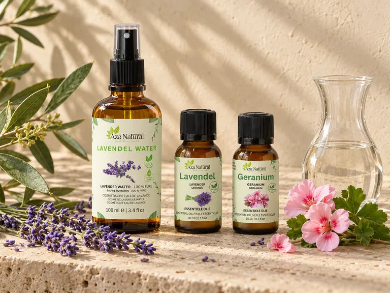 Lavendel water en de etherische oliën Lavendel en Geranium van Aza Natural met een karaf, lavendel en geraniumbloemen