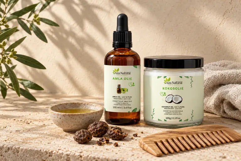 Flesje Amla olie en een pot Kokosolie van Aza Natural met een houten kam en een kommetje olie op travertijn