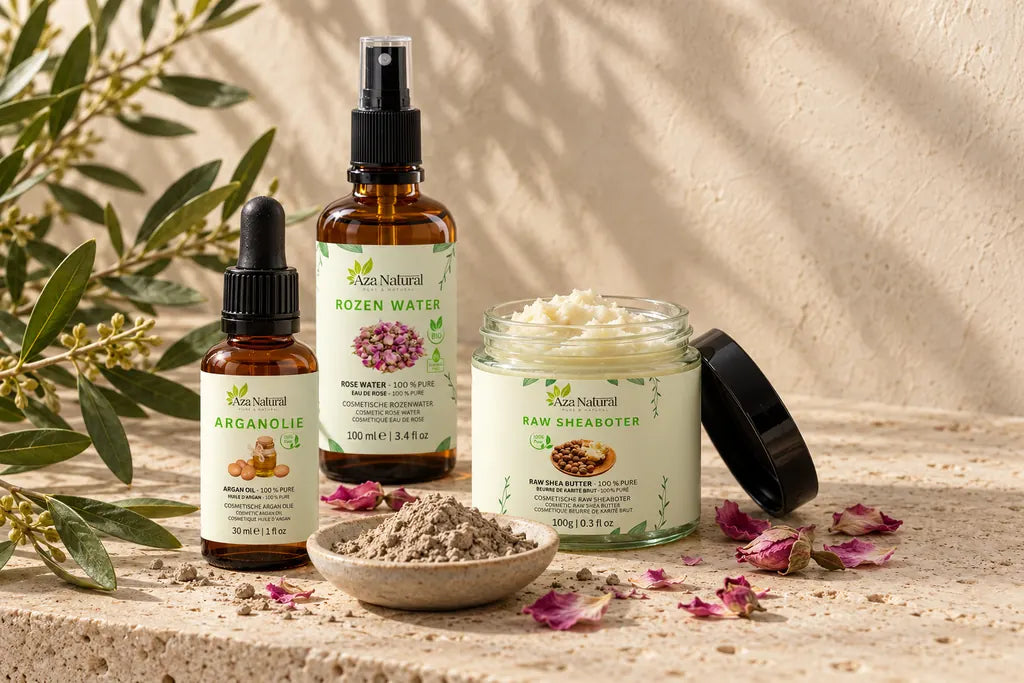 Arganolie, Rozen water en een open pot Raw Sheaboter van Aza Natural met een schaaltje kleipoeder en rozenblaadjes